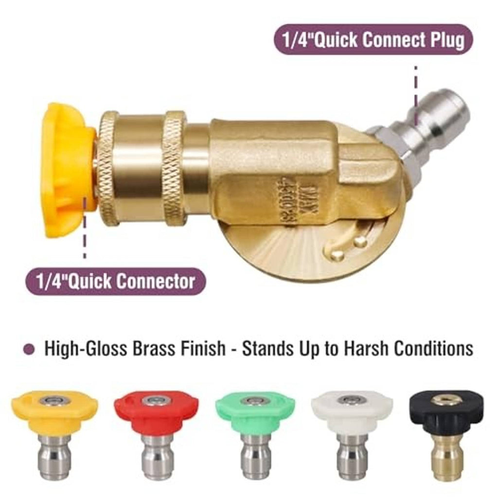 Brass quick-connect coupler with yellow outlet knob and matching colored nozzle tips