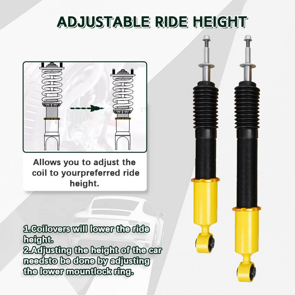 Adjustable ride-height coilover strut pair with black springs and yellow shock bodies
