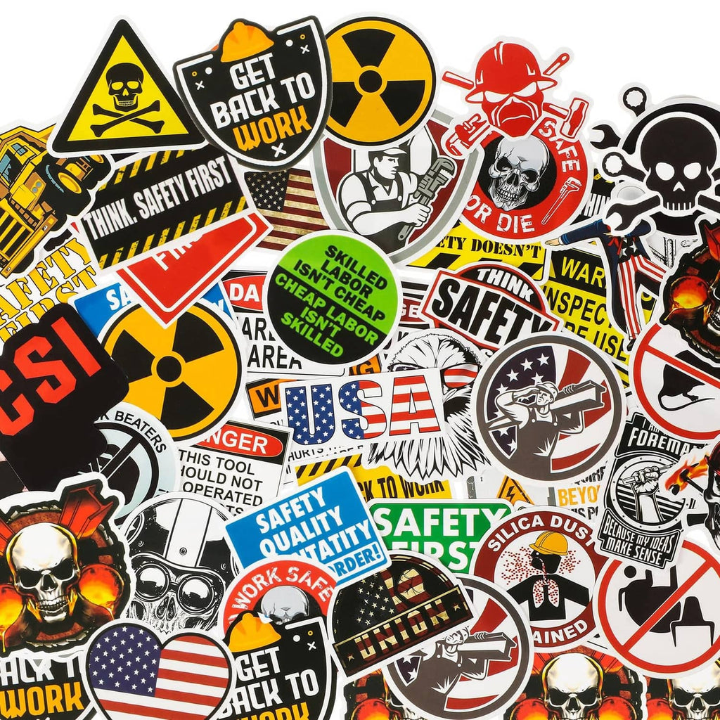 Assorted multicolor hard hat safety sticker set with hazard, skull, and shield icons