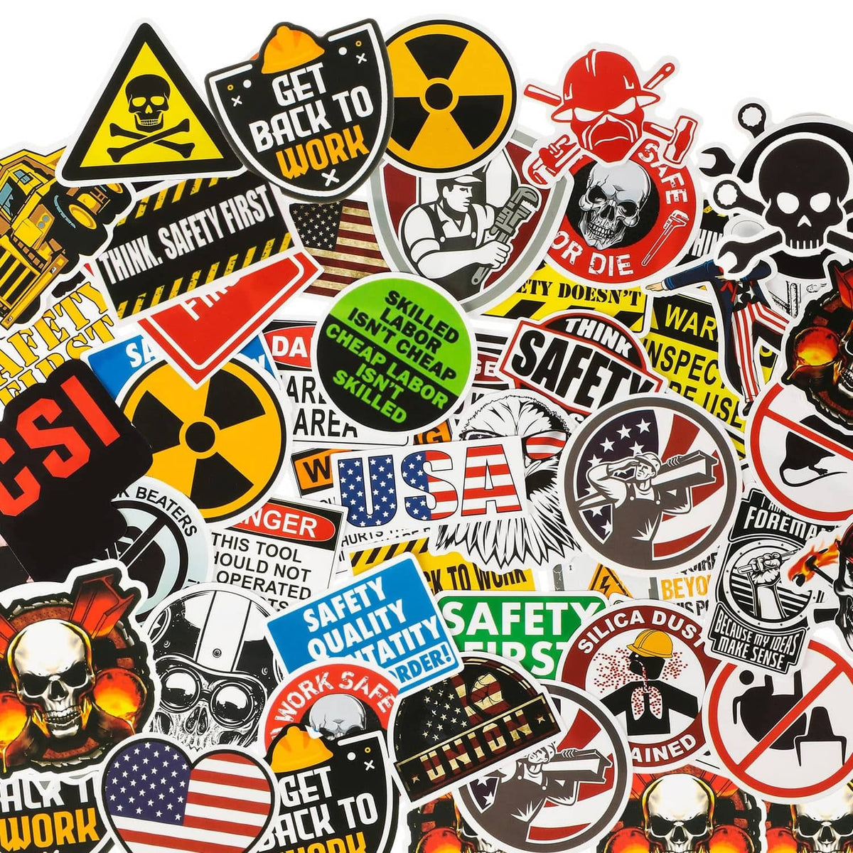 Assorted multicolor hard hat safety sticker set with hazard, skull, and shield icons