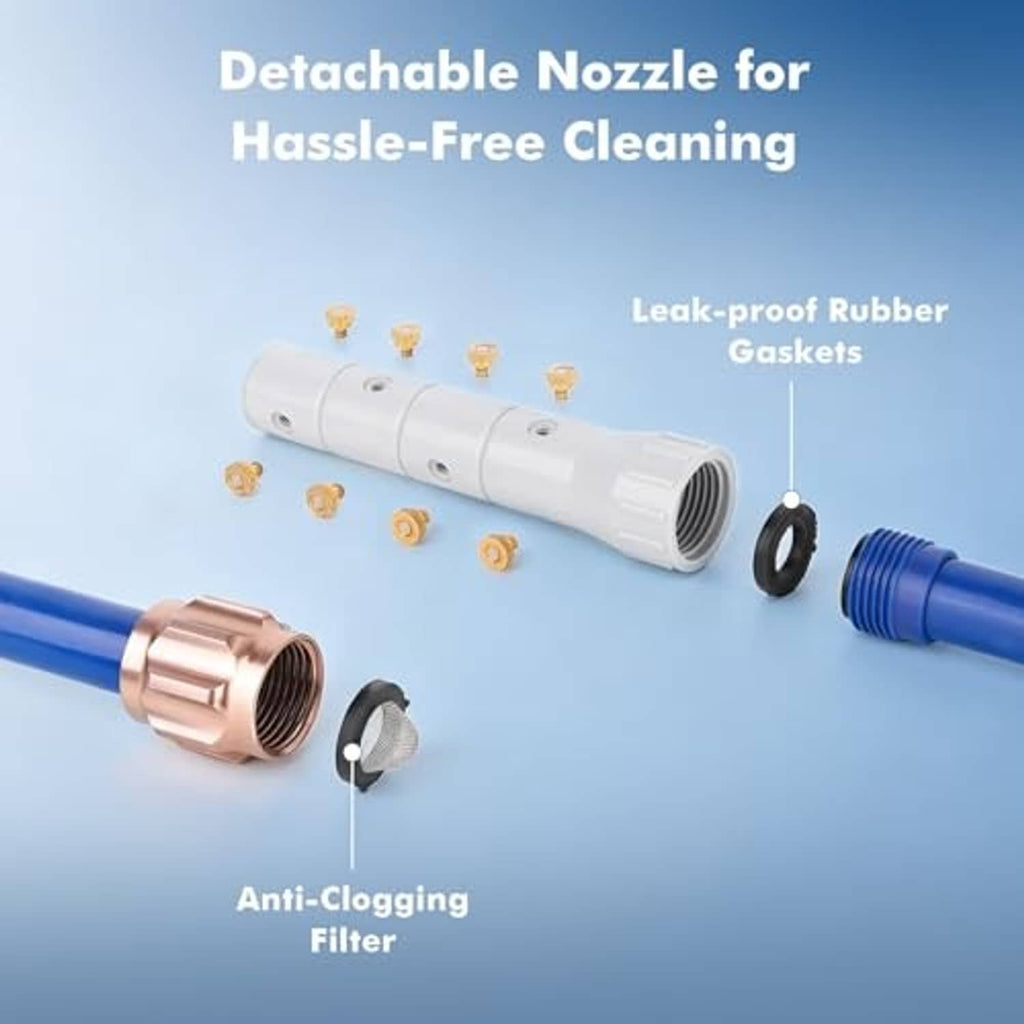 Outdoor misting system nozzle and hose couplings with detachable gray nozzle piece