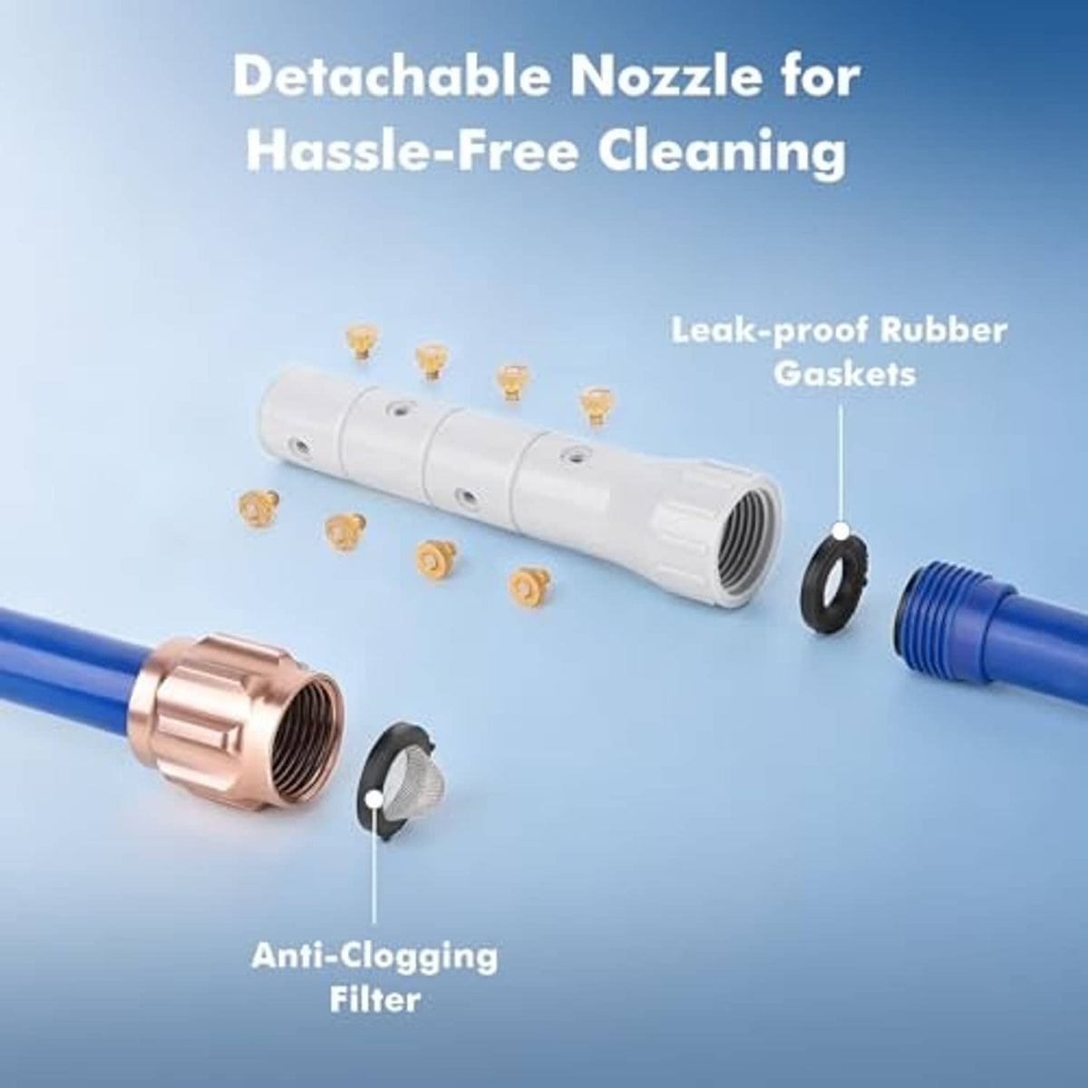 Outdoor misting system nozzle and hose couplings with detachable gray nozzle piece