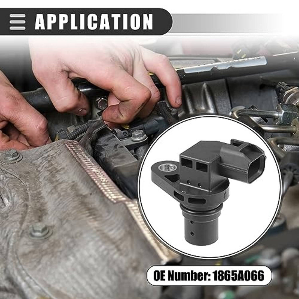 Camshaft position sensor with black electrical connector shown in close-up