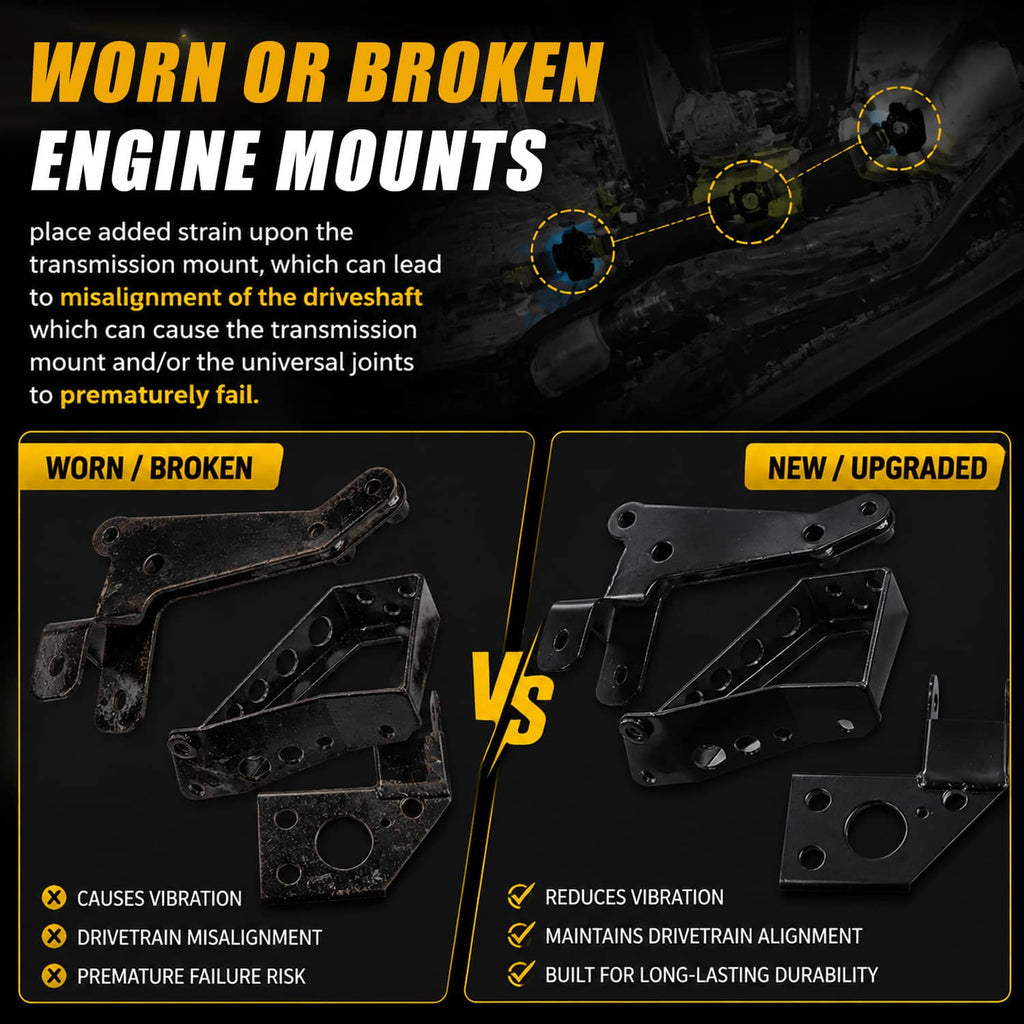 Engine mount bracket kit showing worn and upgraded black brackets with mounting holes