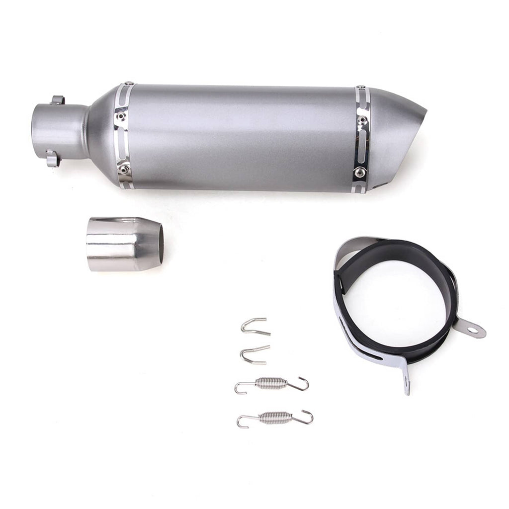 Motorcycle exhaust muffler kit with silver canister, clamp ring, end cap, and springs