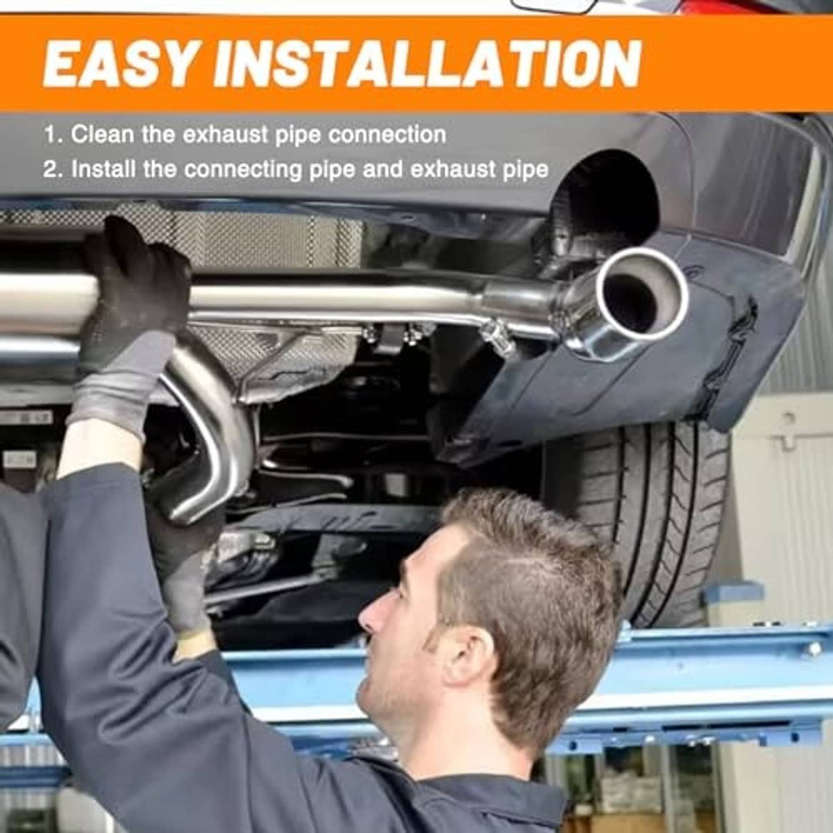 Stainless steel 90-degree exhaust elbow pipe installed on a vehicle exhaust system