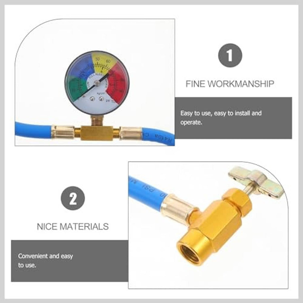 A/C hose pressure gauge with gold brass couplers and blue hose section