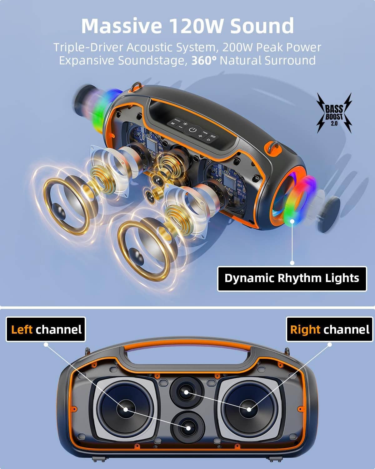 Portable Bluetooth speaker shown with internal speaker drivers and control panel, orange accents