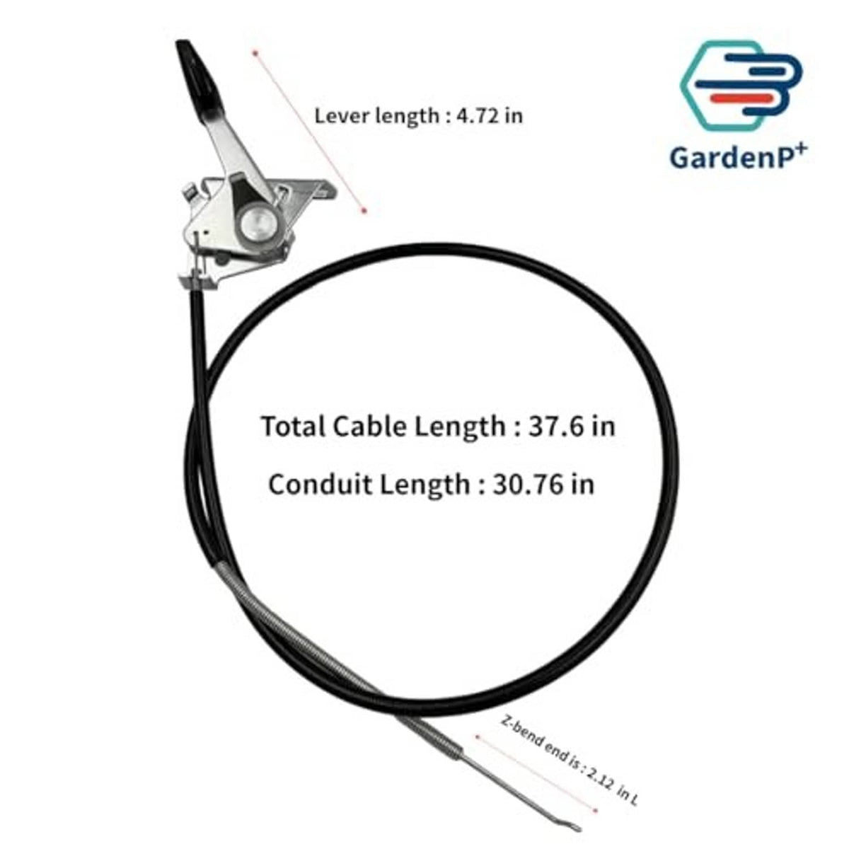 Throttle cable with throttle lever and labeled lengths: total 37.6 in