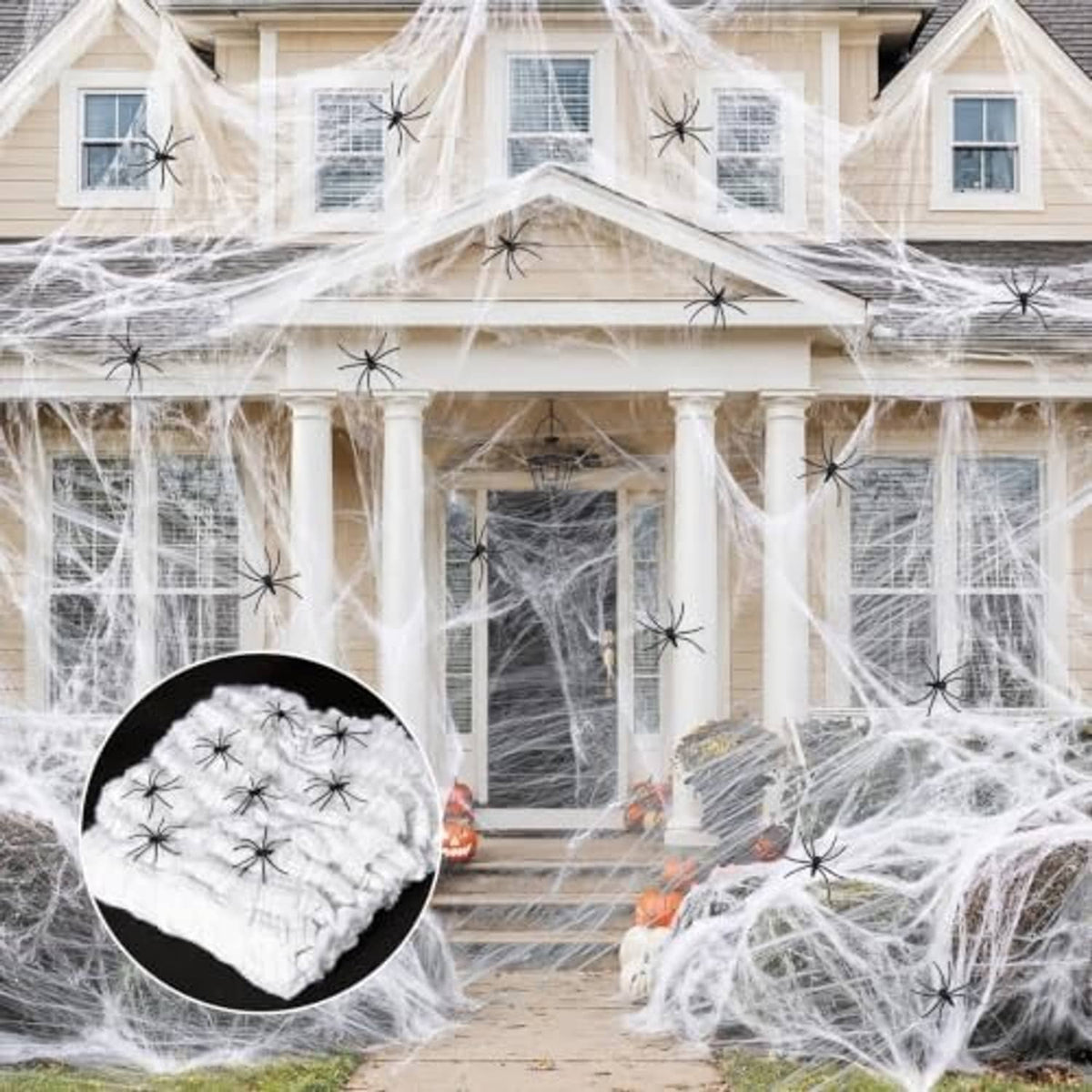Outdoor spider web decoration sheet with black spiders across porch columns and doorway