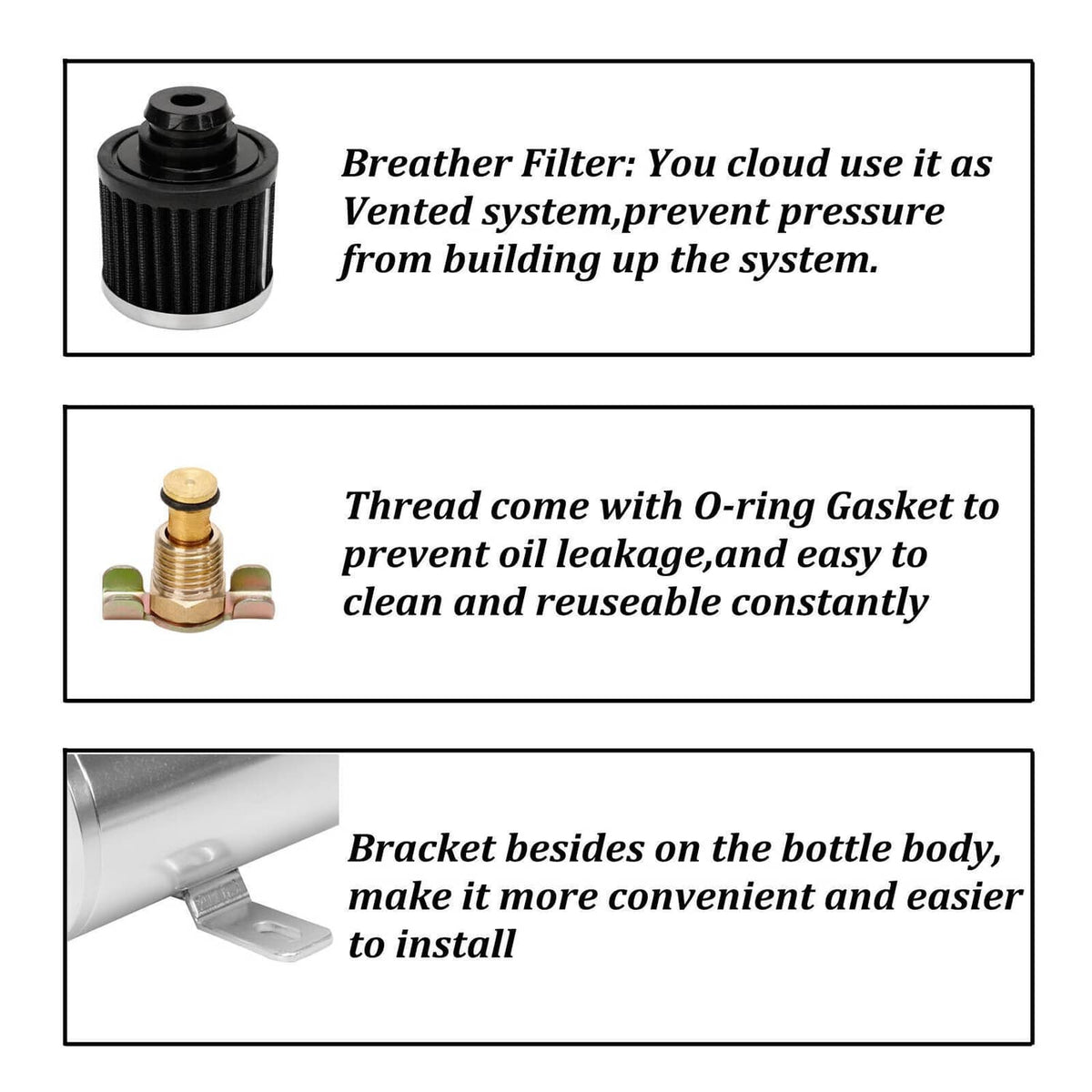 Breather filter cartridge, threaded fittings with O-ring, and mounting bracket