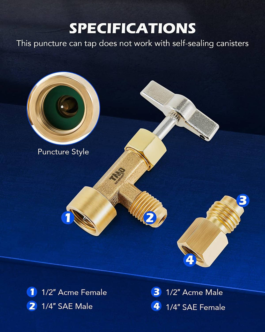 Brass puncture-style can tap valve with female and male threaded ports