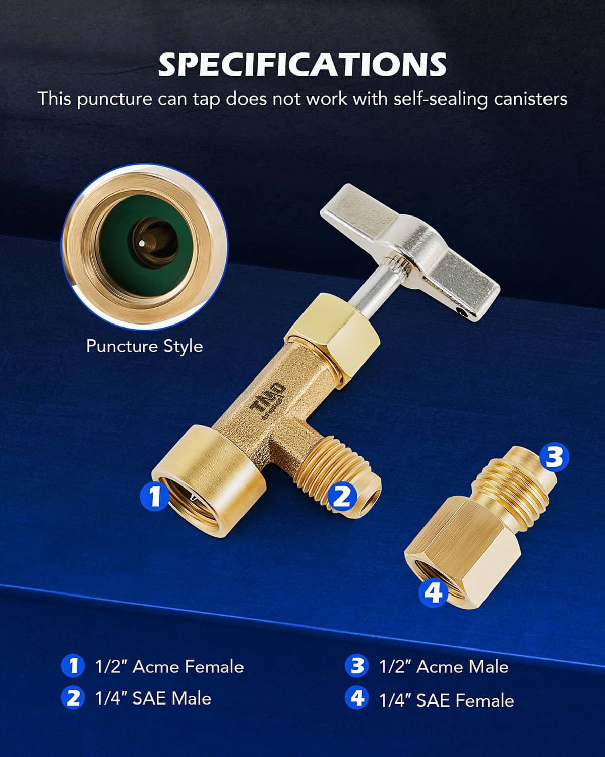 Brass puncture-style can tap valve with female and male threaded ports
