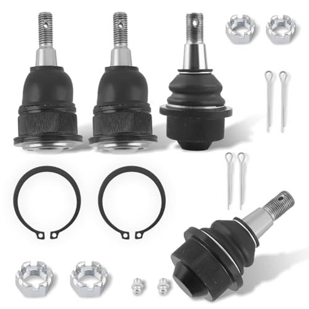Ball joint set with black rubber boots, threaded studs, and included clips