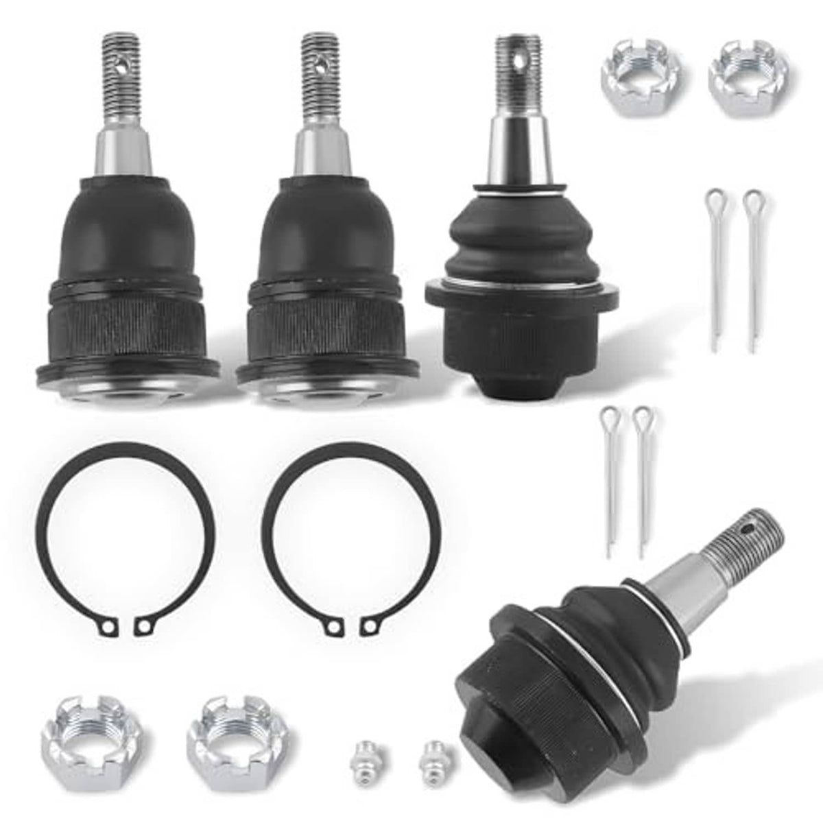 Ball joint set with black rubber boots, threaded studs, and included clips