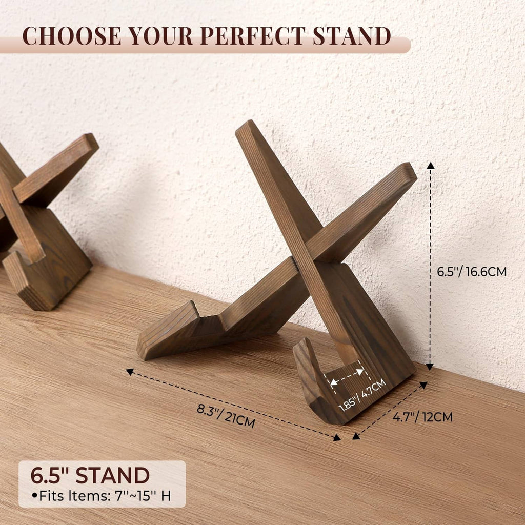 Brown plate stand with crossed legs and central plate support, 6.5-inch size