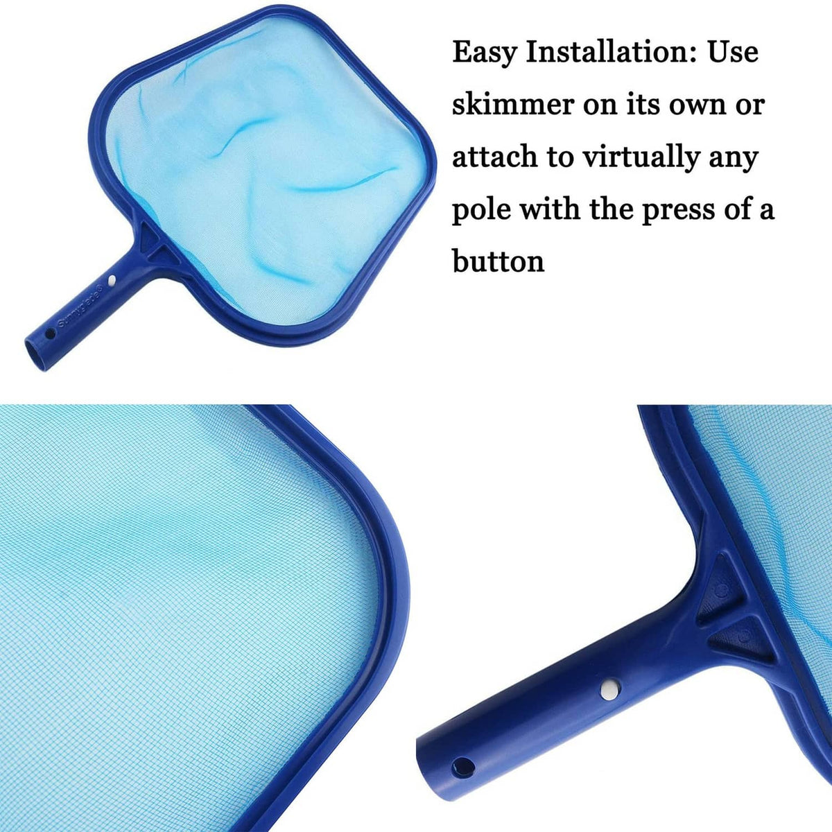 Blue pool skimmer net with mesh bag and handle for skimming leaves