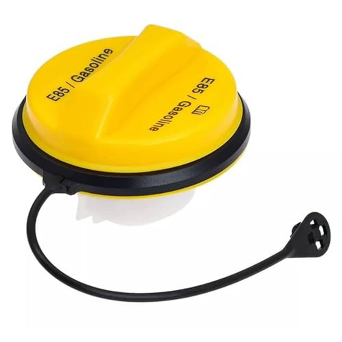 Yellow gas filler cap with black rubber seal and attached tether cable