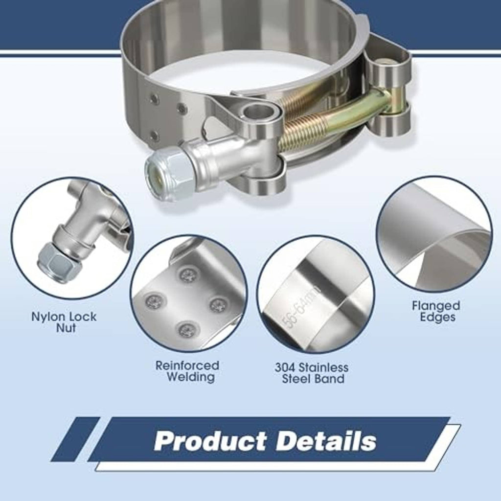 Stainless steel T-bolt hose clamp with nut, bolted band, and reinforced band weld detail