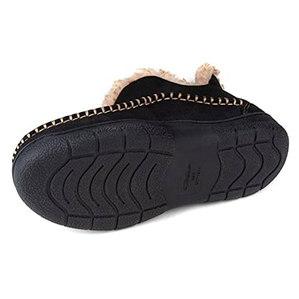 Men’s black moccasin bootie slipper outsole with textured tread and stitched trim