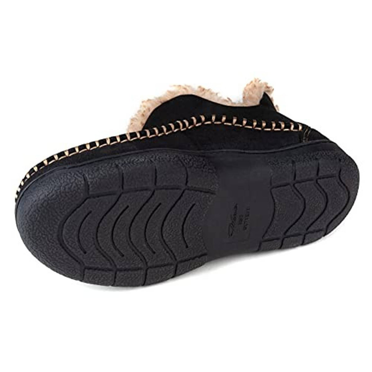 Men’s black moccasin bootie slipper outsole with textured tread and stitched trim