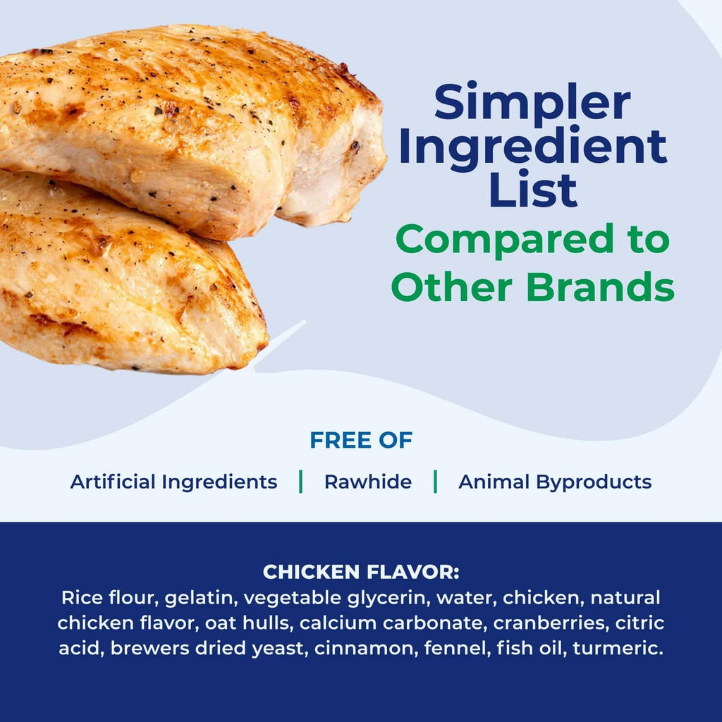 Chicken-flavored ingredient panel with chicken pieces and simpler ingredient list