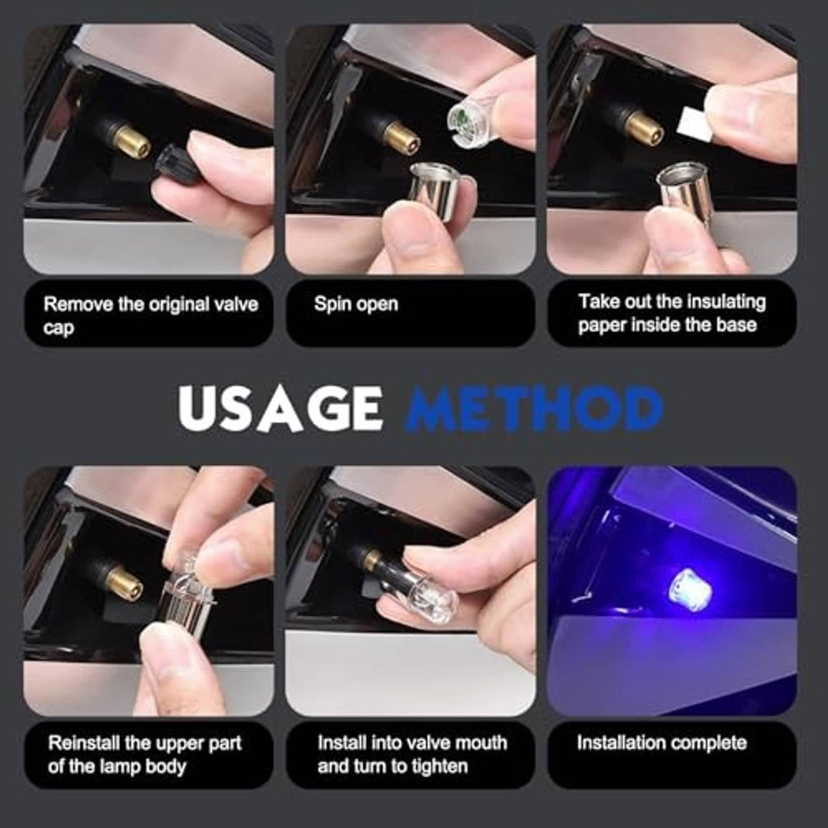 Hand installing a clear LED valve stem cap onto a car valve, blue glow visible