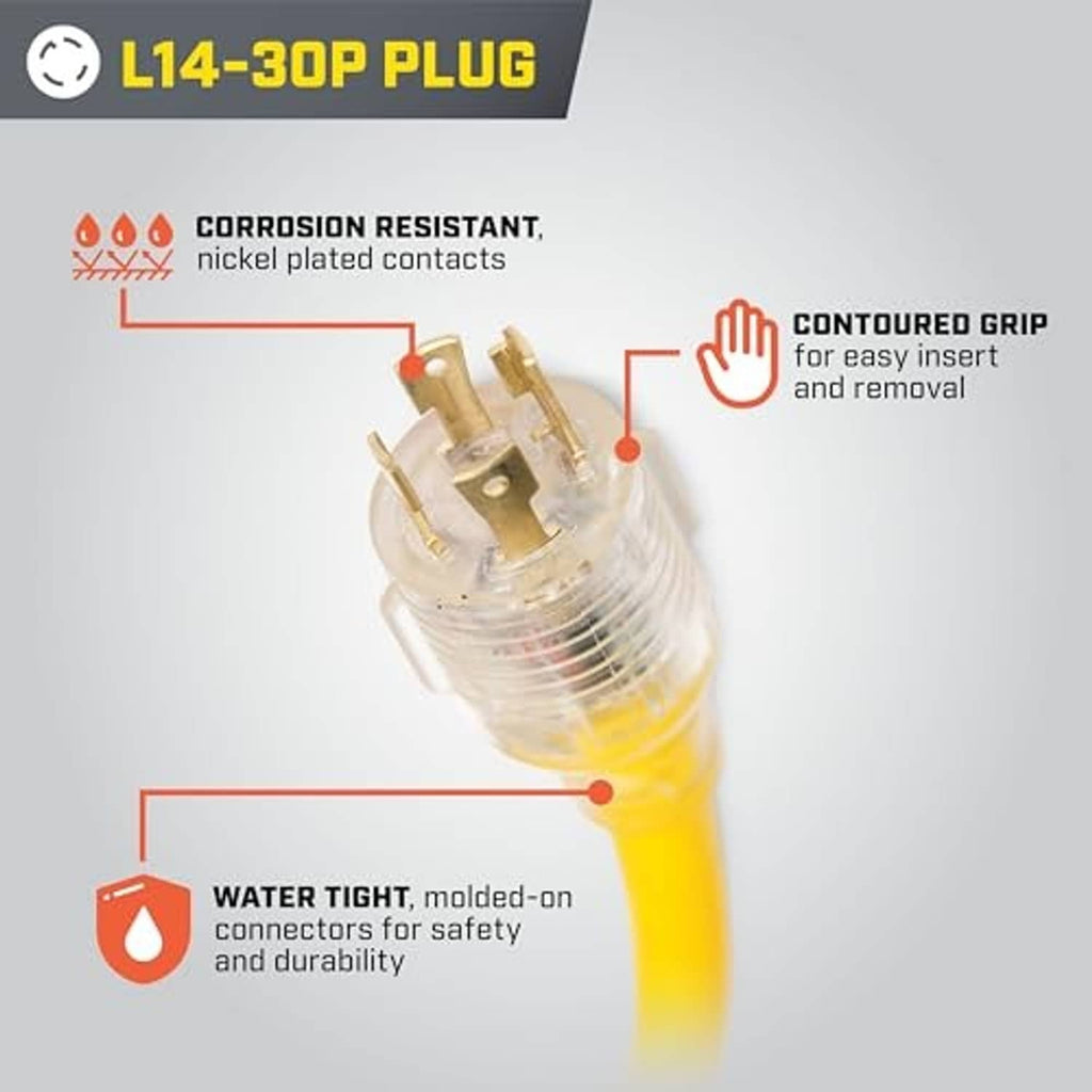 L14-30P generator adapter cord with water-tight molded connectors and corrosion-resistant contacts