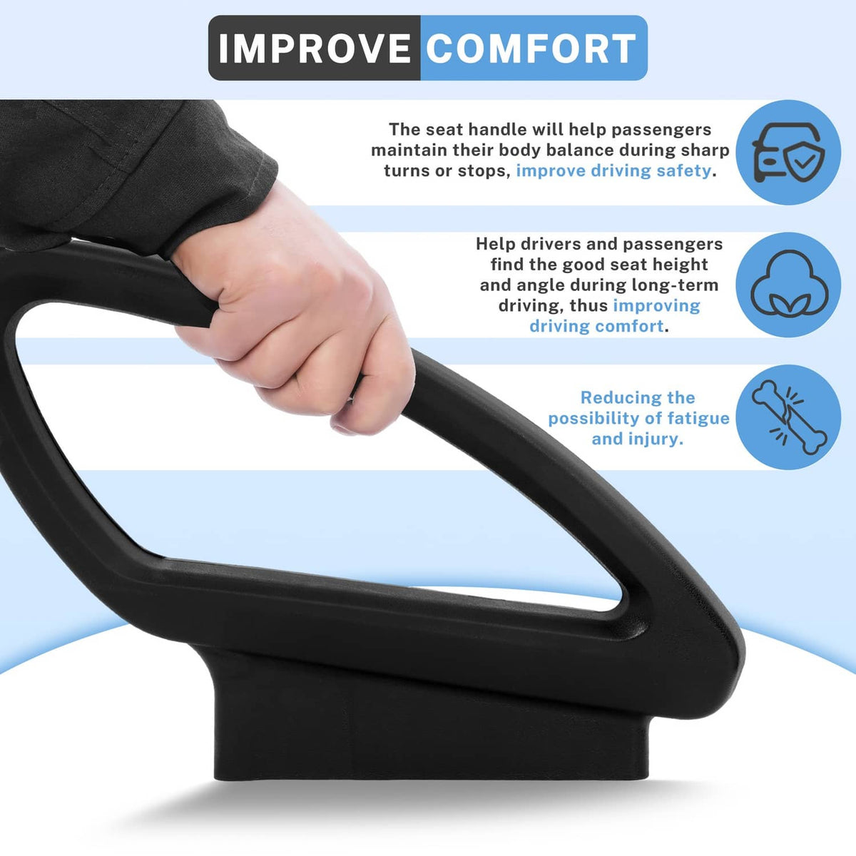 Black hip restraint handle with ergonomic grip shape for passenger support