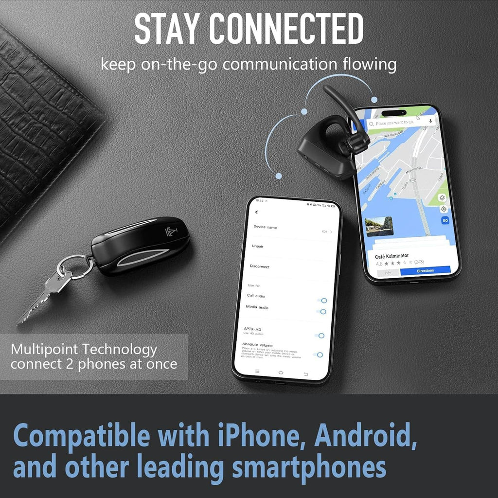 Black Bluetooth headset with keychain case and two paired smartphones