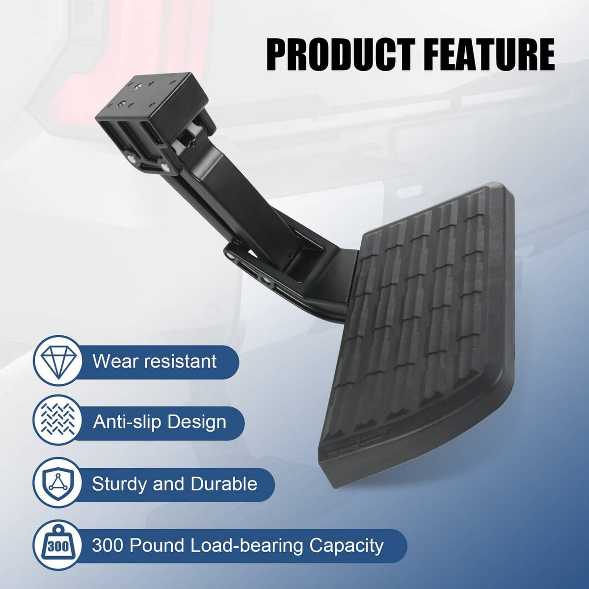 Retractable rear tailgate step arm with textured black non-slip foot pad