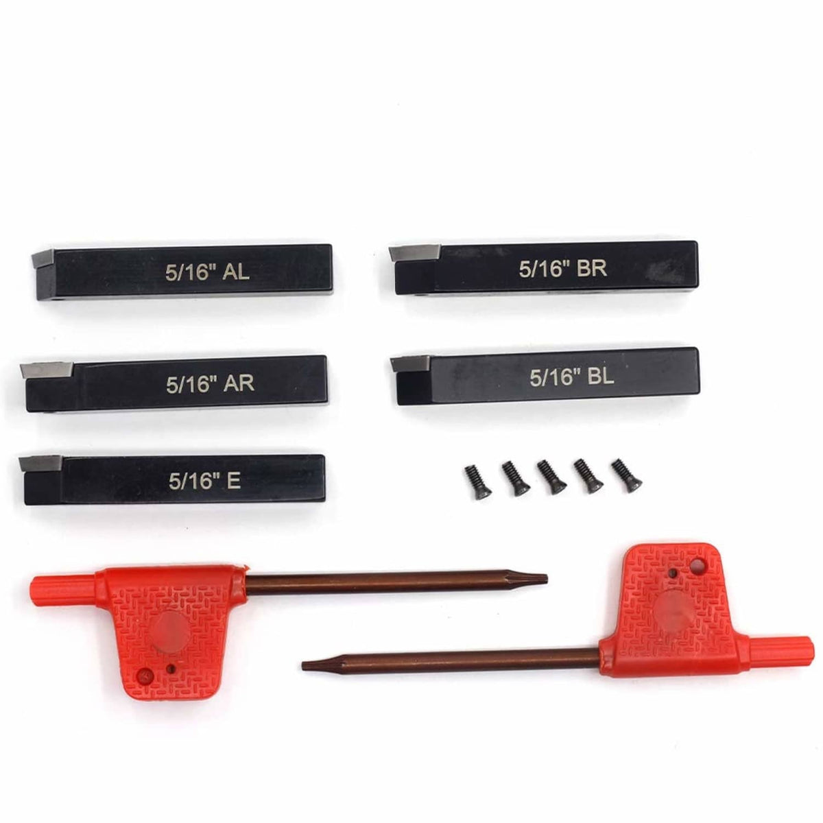 Black 5/16-inch indexable lathe tool holders with 4 small screws and red clamp tools