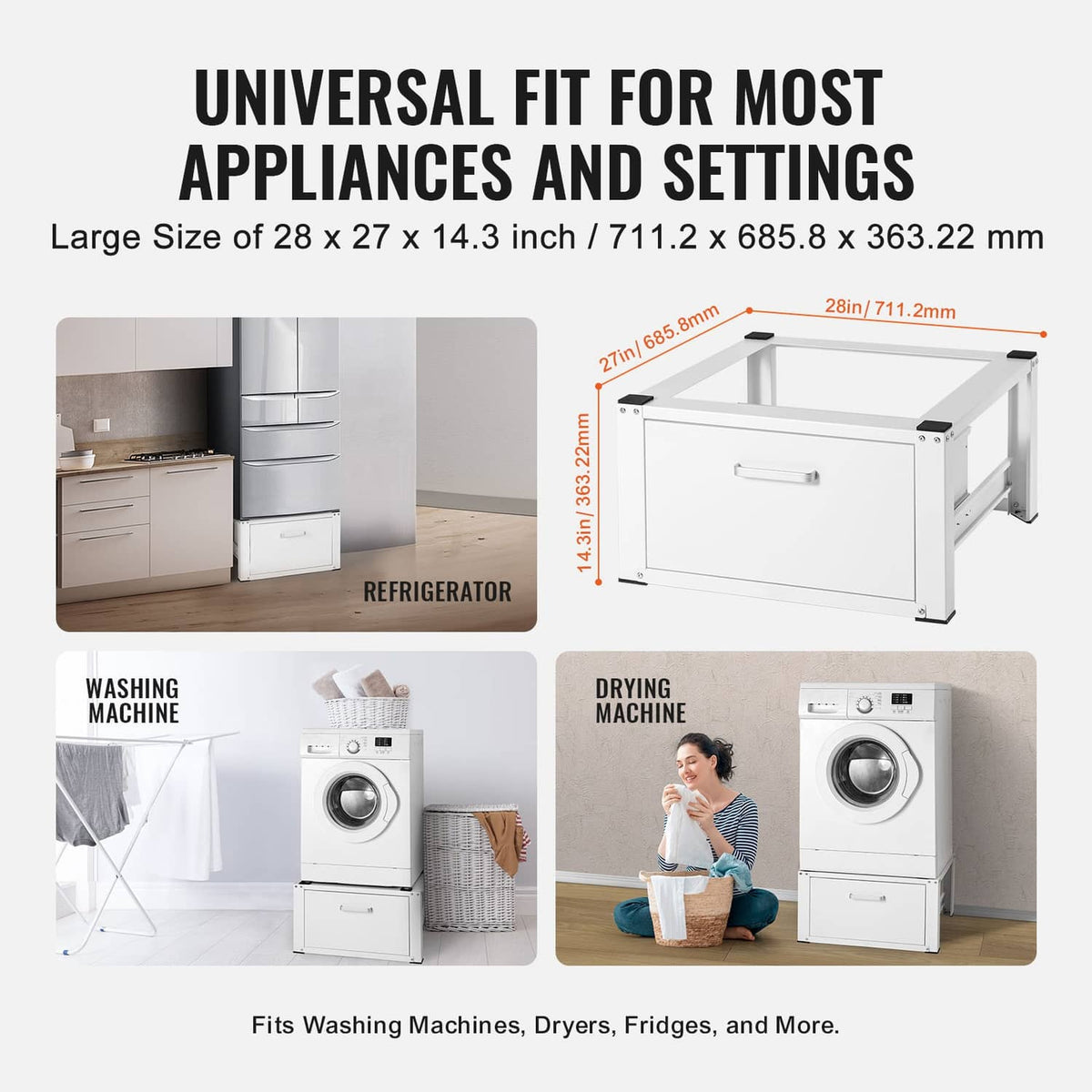 White universal washer dryer pedestal stand platform with front storage drawer size view
