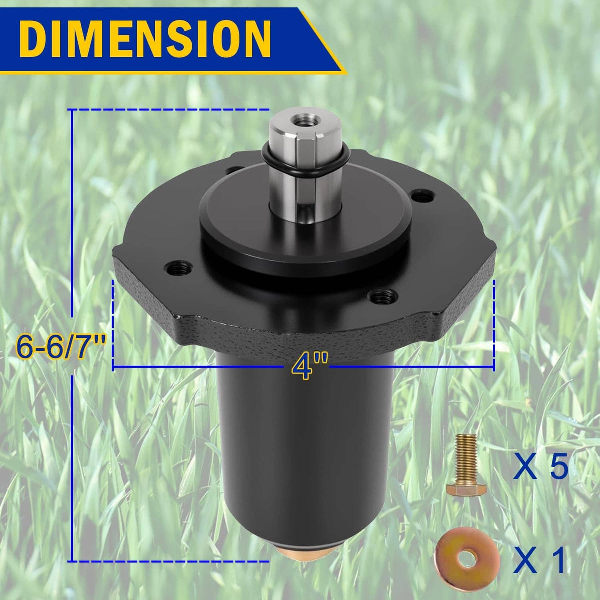 Deck spindle assembly with labeled dimensions and included hardware