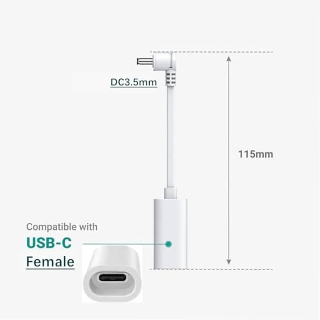 USB-C female to DC 3.5mm barrel plug adapter cable, about 115mm length