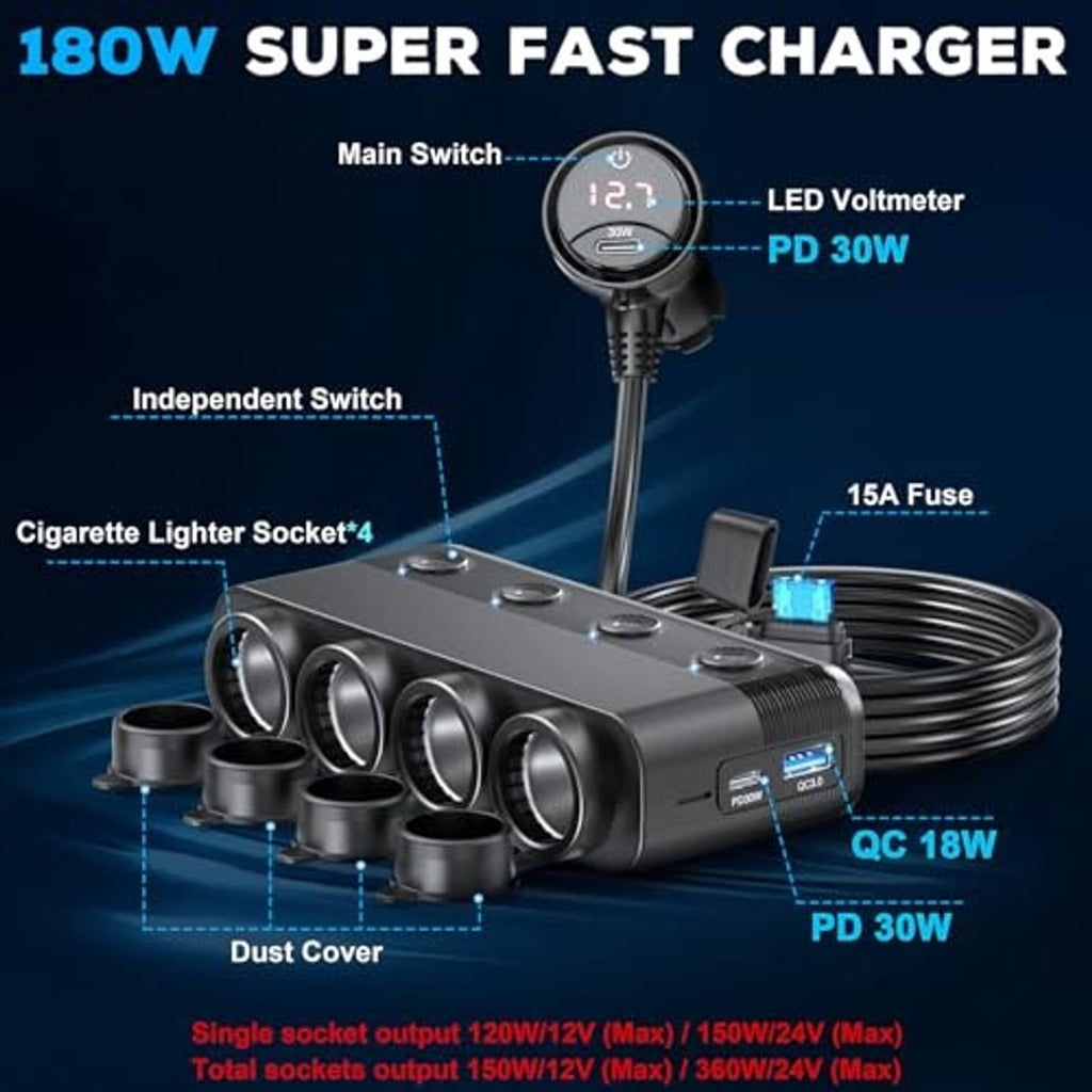 Car cigarette lighter splitter with LED voltmeter, switches, and multiple outlet ports