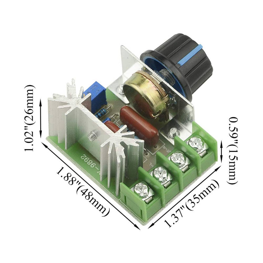 SCR voltage regulator module with heatsink fins, green PCB, screw terminal blocks