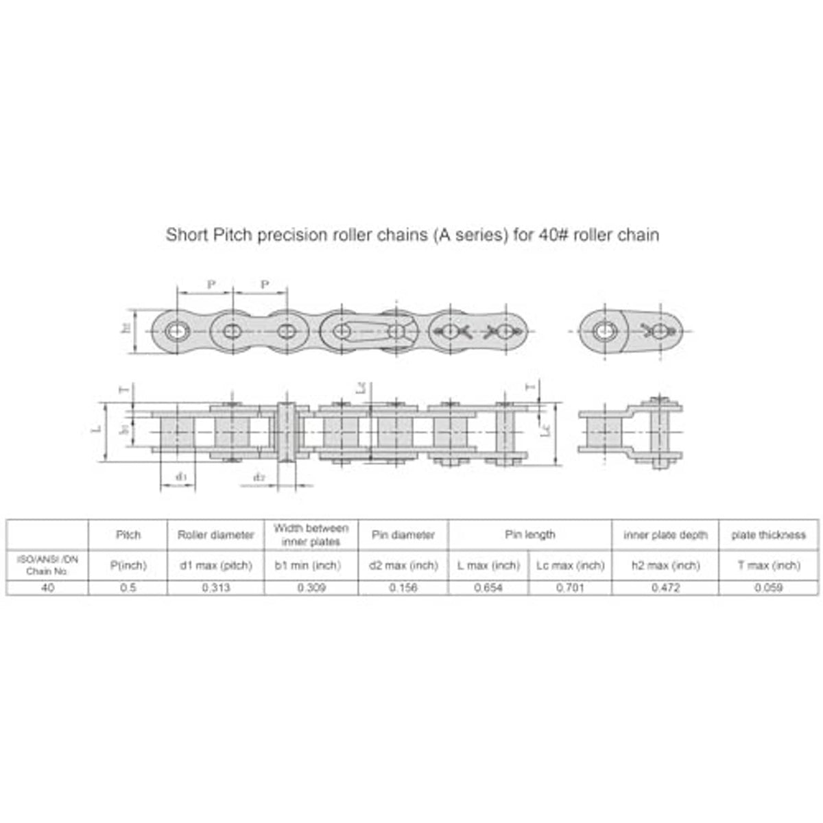 Roller chain sprocket technical diagram with pitch and dimension table, shows 1 in bore