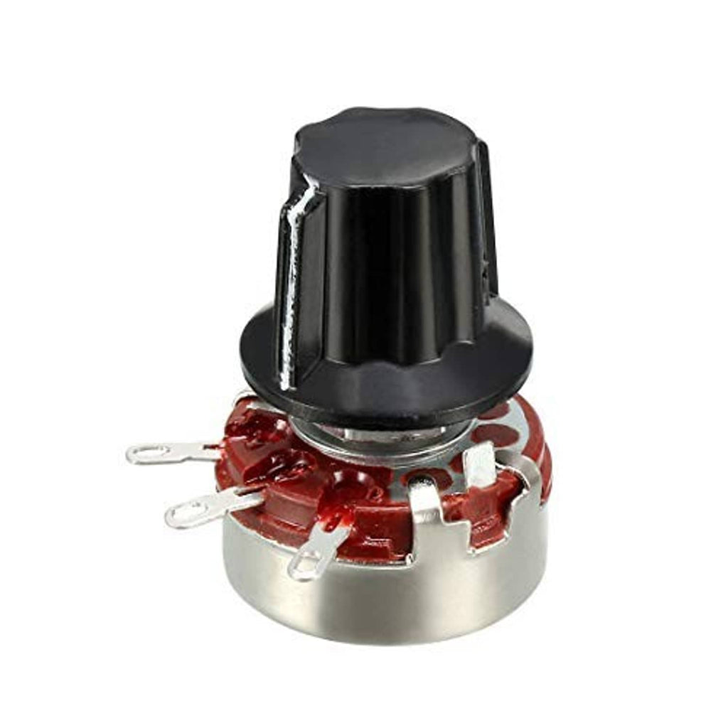 Rotary carbon film variable resistor with black top and three metal leads on can