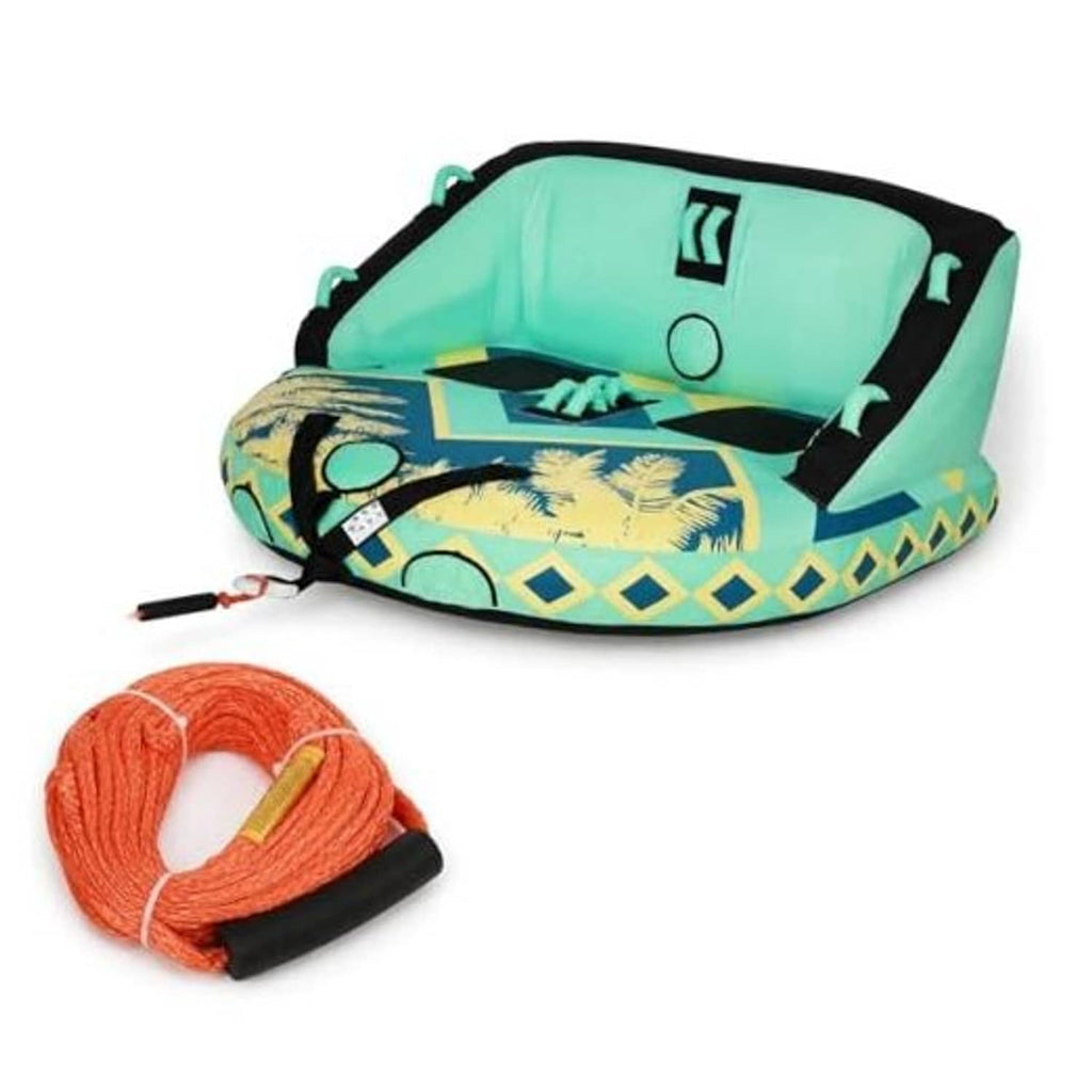 Inflatable towable boat tube with green inner cushion, black rim, and patterned seat