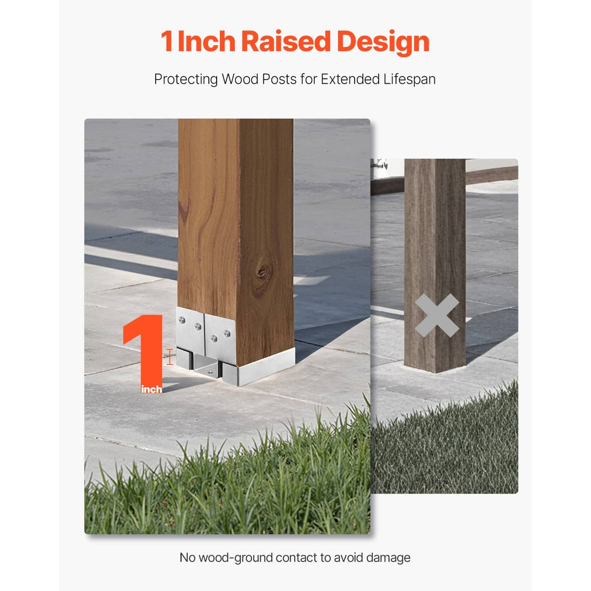 Steel post base bracket with 1-inch raised design to protect wood posts