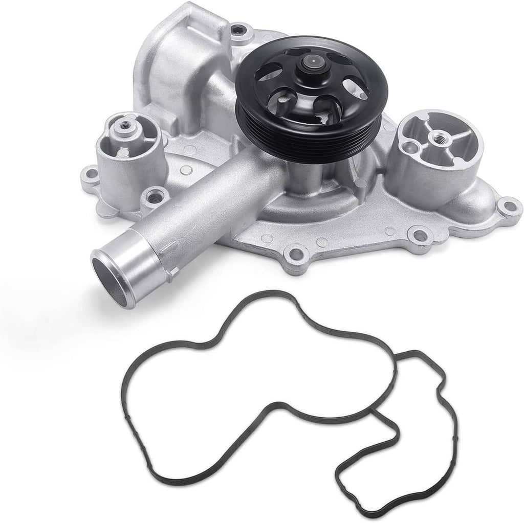 Silver engine water pump with black pulley and rubber gasket, angled view