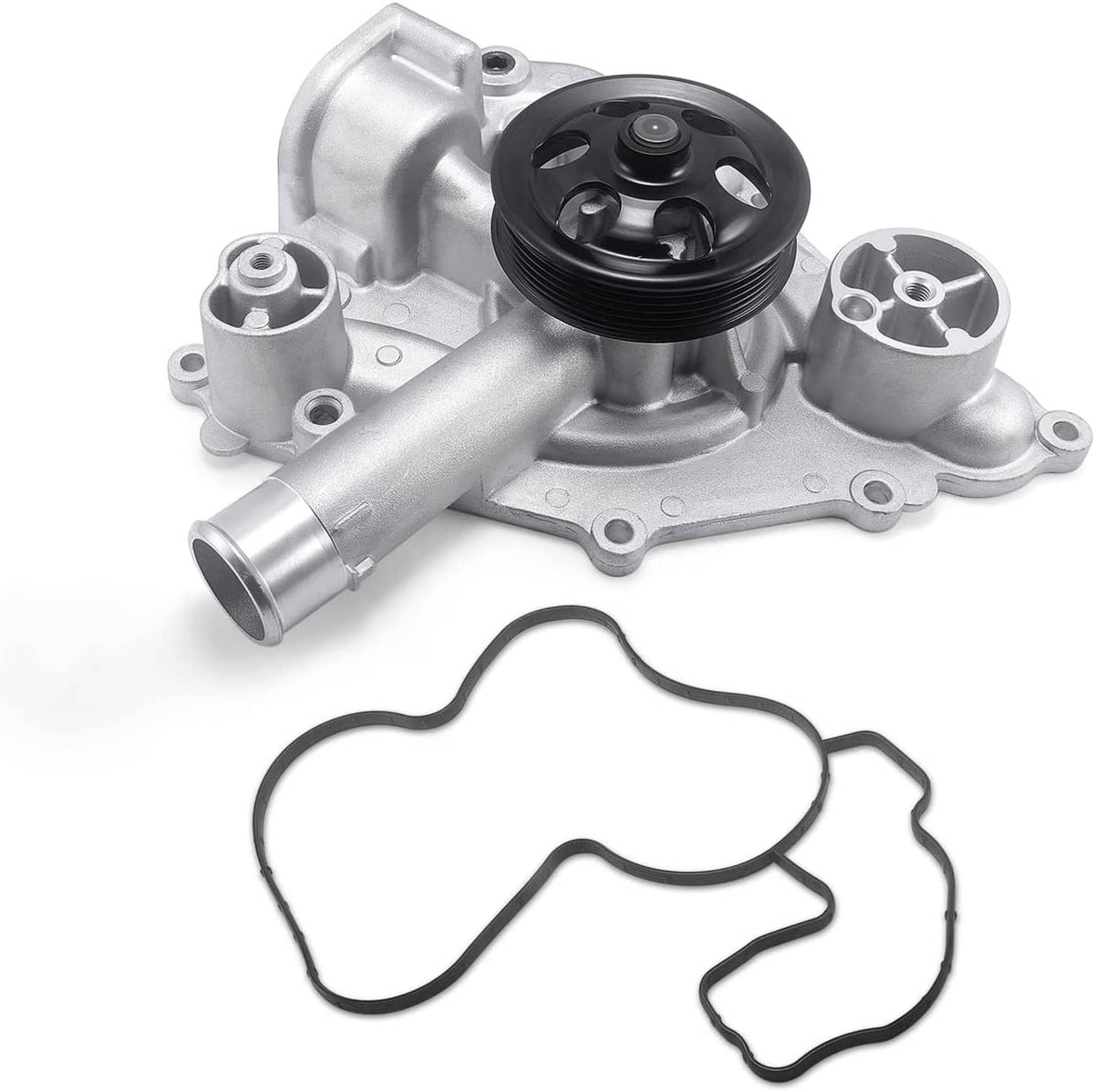 Silver engine water pump with black pulley and rubber gasket, angled view