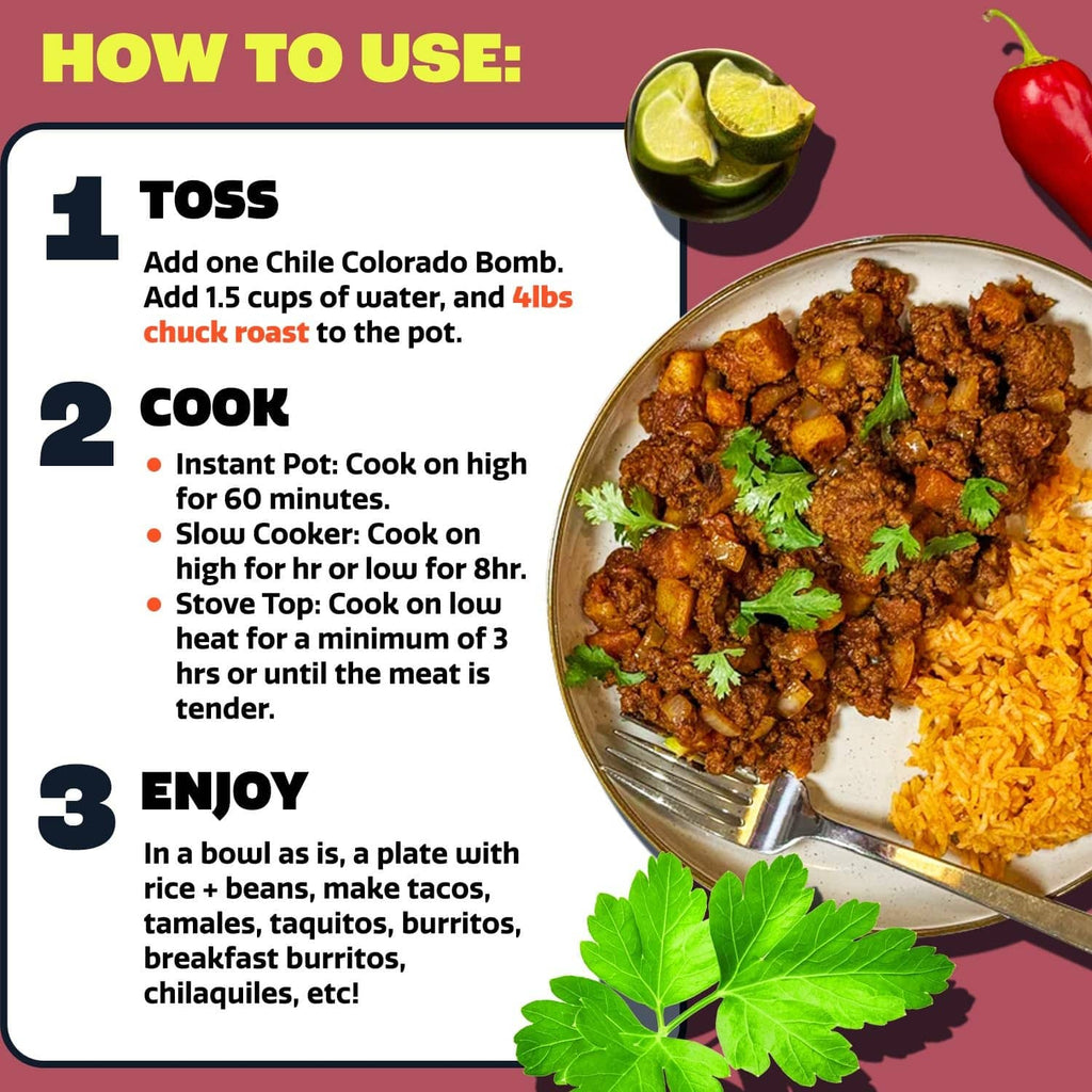 How-to panel for Chile Colorado Bomb seasoning mix with step instructions and serving bowl