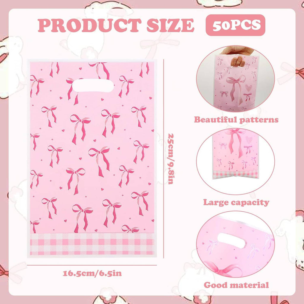 Pink bow-pattern candy gift bag design shown on product size card