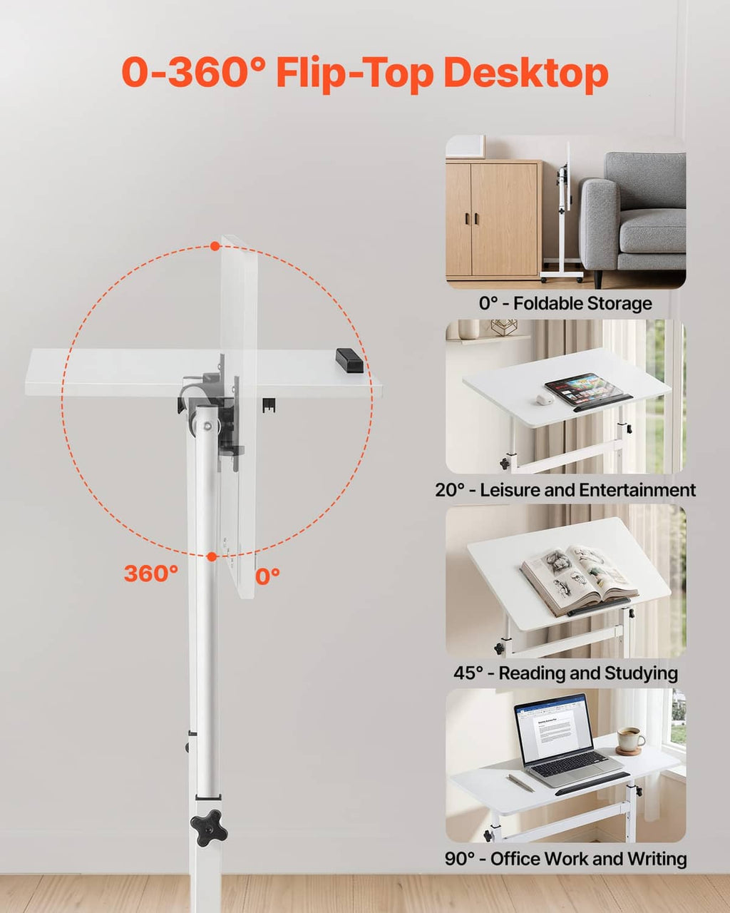 Flip-top standing desk with 0–360° desktop and foldable storage on frame