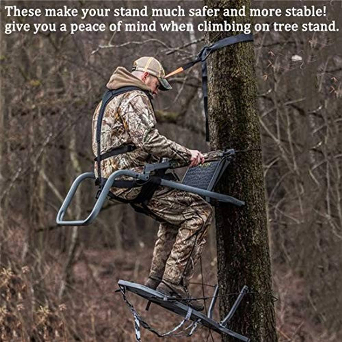 Olive stabilizer straps attached to a tree stand for added stability during use