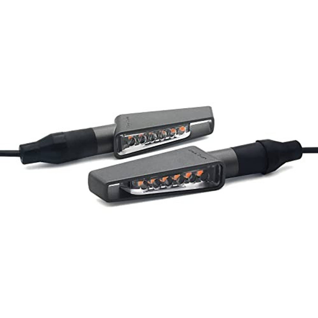 Space grey motorcycle LED turn signal lights, pair with rectangular housings and amber LEDs