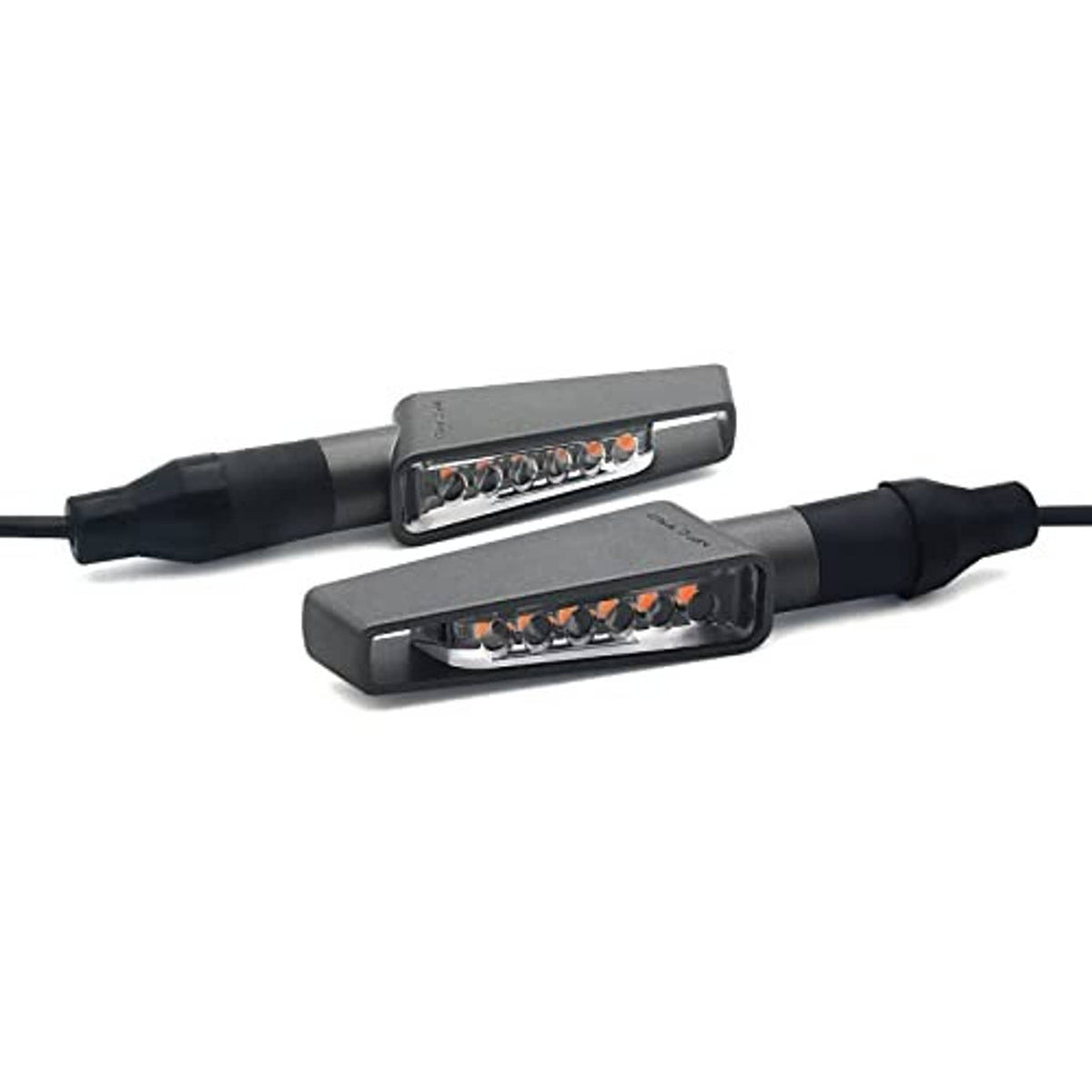 Space grey motorcycle LED turn signal lights, pair with rectangular housings and amber LEDs