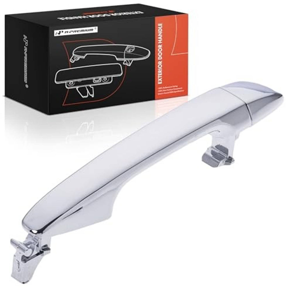 Chrome front right exterior door handle, complete with mounting hardware and bracket.